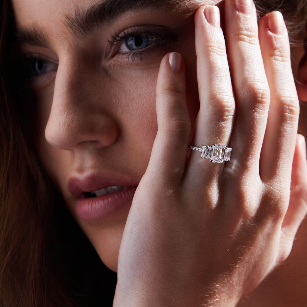 Emerald Cut 3 Stone Engagement Ring | Lab Grown Diamond | 14K Yellow Gold Classic Design
