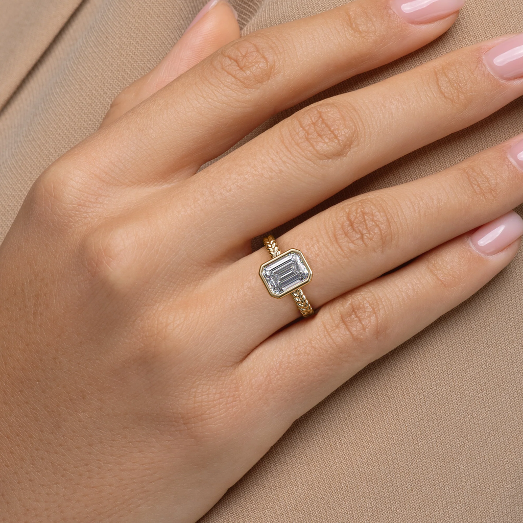 Modern Twisted Rope Emerald Cut Ring | Lab Grown Diamond | 14K Yellow Gold Classic Style