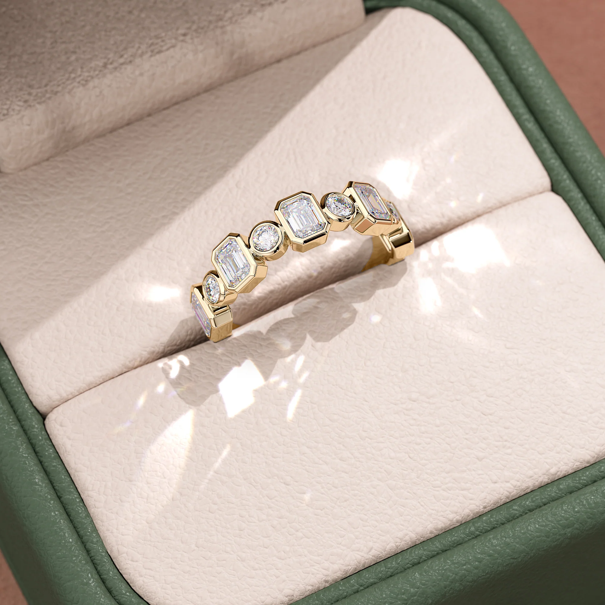 Bezel Set Emerald & Round Cut Band | Lab Grown Diamond | 14K Yellow Gold Minimal Style