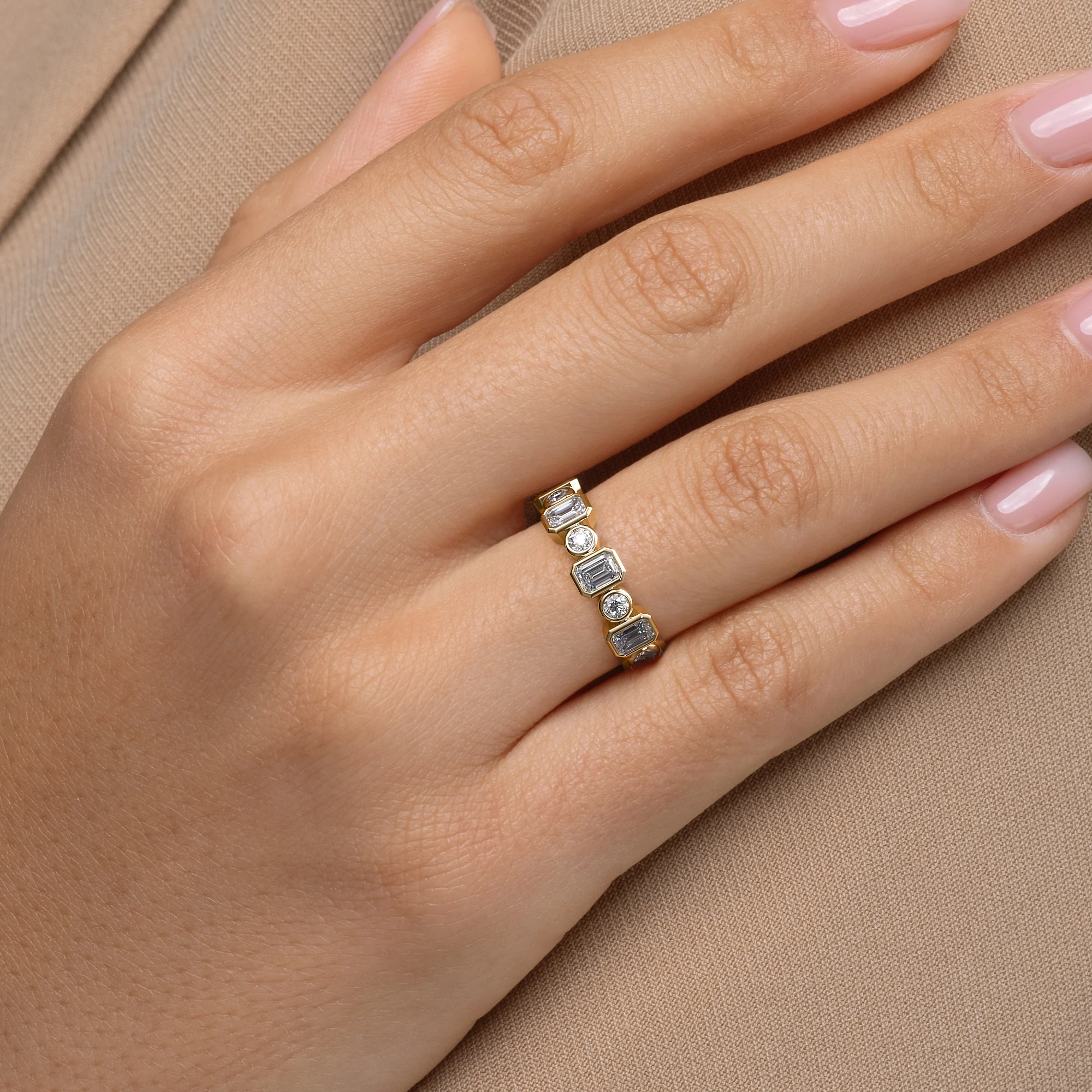 Bezel Set Emerald & Round Cut Band | Lab Grown Diamond | 14K Yellow Gold Minimal Style