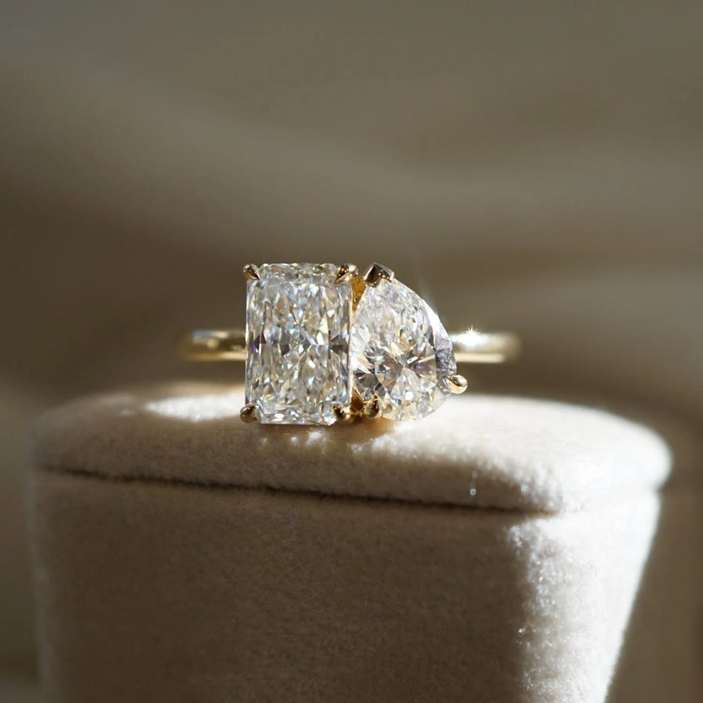 Toi et Moi Radiant and Pear Lab Grown Diamond Engagement Ring in Solid 14K Gold