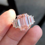 Art Deco Pink Emerald Cut Ring with Baguette Side Stones | Lab Grown Diamond | 14K Yellow Gold