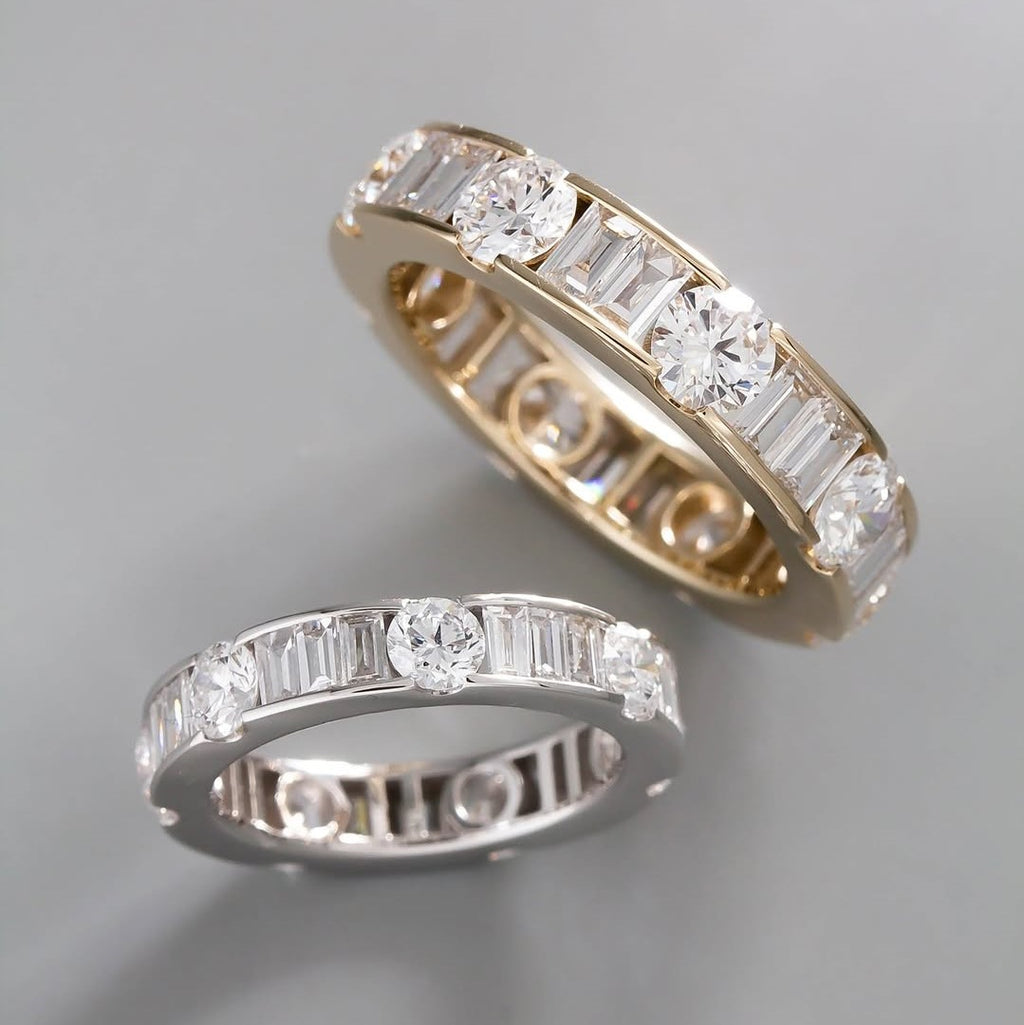 Lab Grown Diamond Eternity Band: 14K Gold Alternating Round & Baguette Anniversary Ring