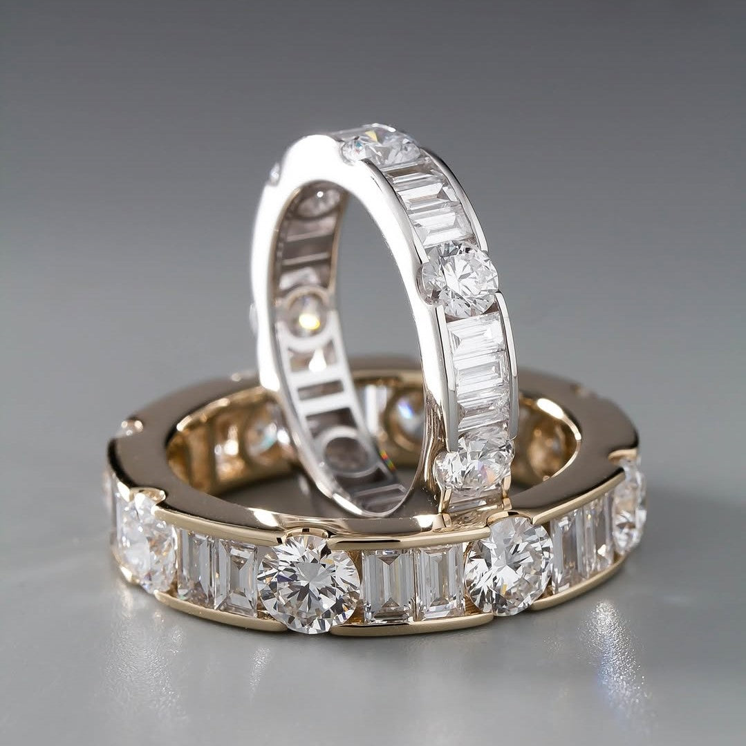 Lab Grown Diamond Eternity Band: 14K Gold Alternating Round & Baguette Anniversary Ring