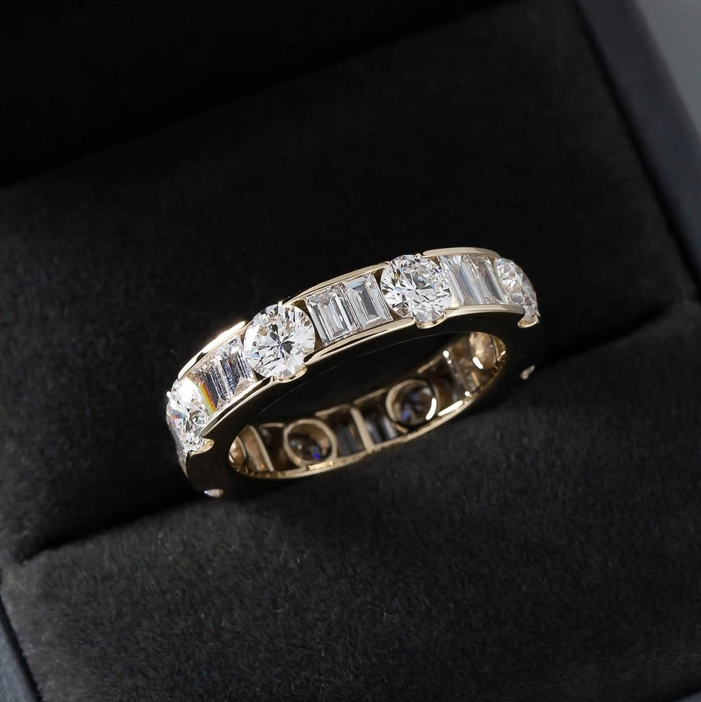 Lab Grown Diamond Eternity Band: 14K Gold Alternating Round & Baguette Anniversary Ring