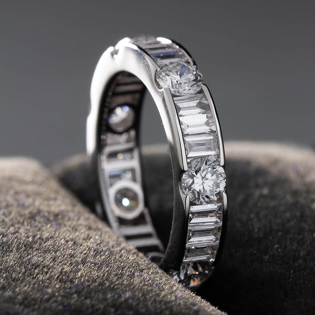 Lab Grown Diamond Eternity Band: 14K Gold Alternating Round & Baguette Anniversary Ring