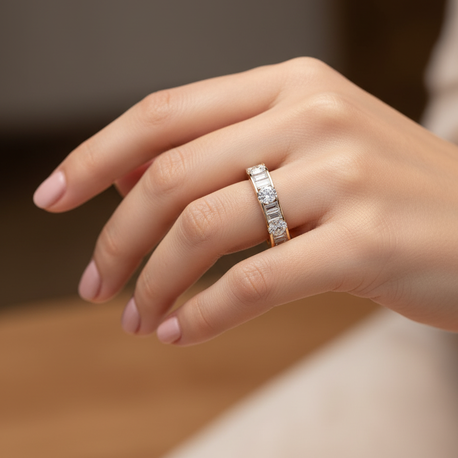 Lab Grown Diamond Eternity Band: 14K Gold Alternating Round & Baguette Anniversary Ring