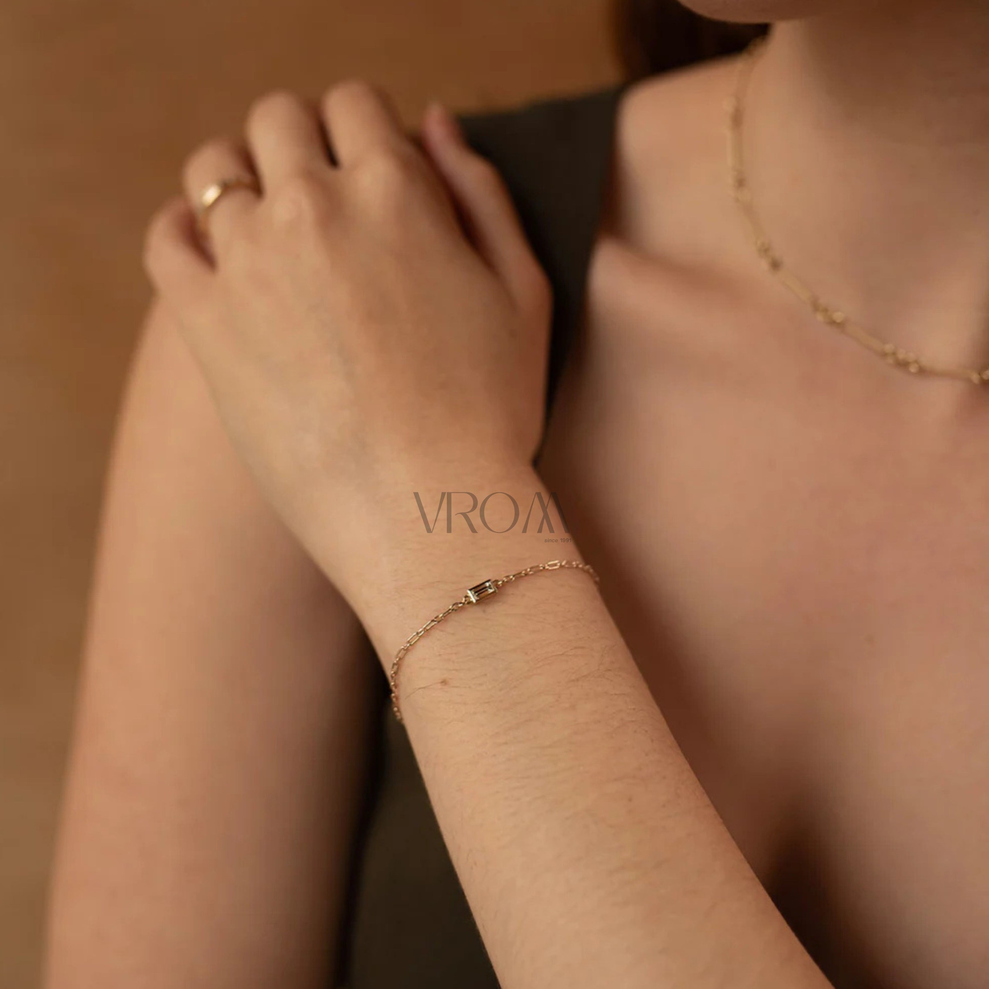 Minimalist Baguette Diamond Bracelet | Lab Grown Diamond | 14K Yellow Gold Cable Chain