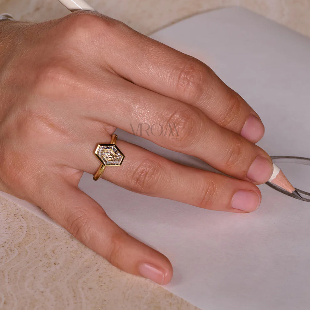 Unique Hexagonal Ring | Lab Grown Diamond | 14K Yellow Gold Minimal Style
