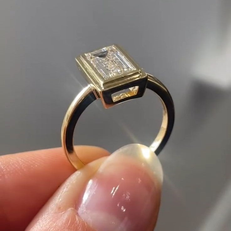 Baguette Cut Lab Grown Diamond Bezel Set Engagement Ring in Solid 14K Gold