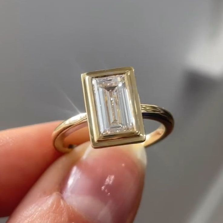 Baguette Cut Lab Grown Diamond Bezel Set Engagement Ring in Solid 14K Gold