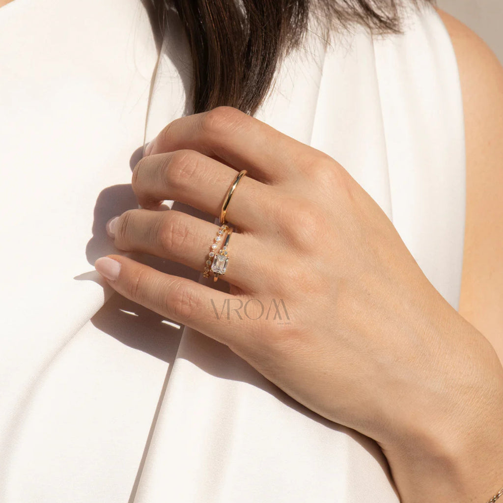 Minimalist Emerald Cut Ring with Side Stone Accents | Lab Grown Diamond | 14K Yellow Gold