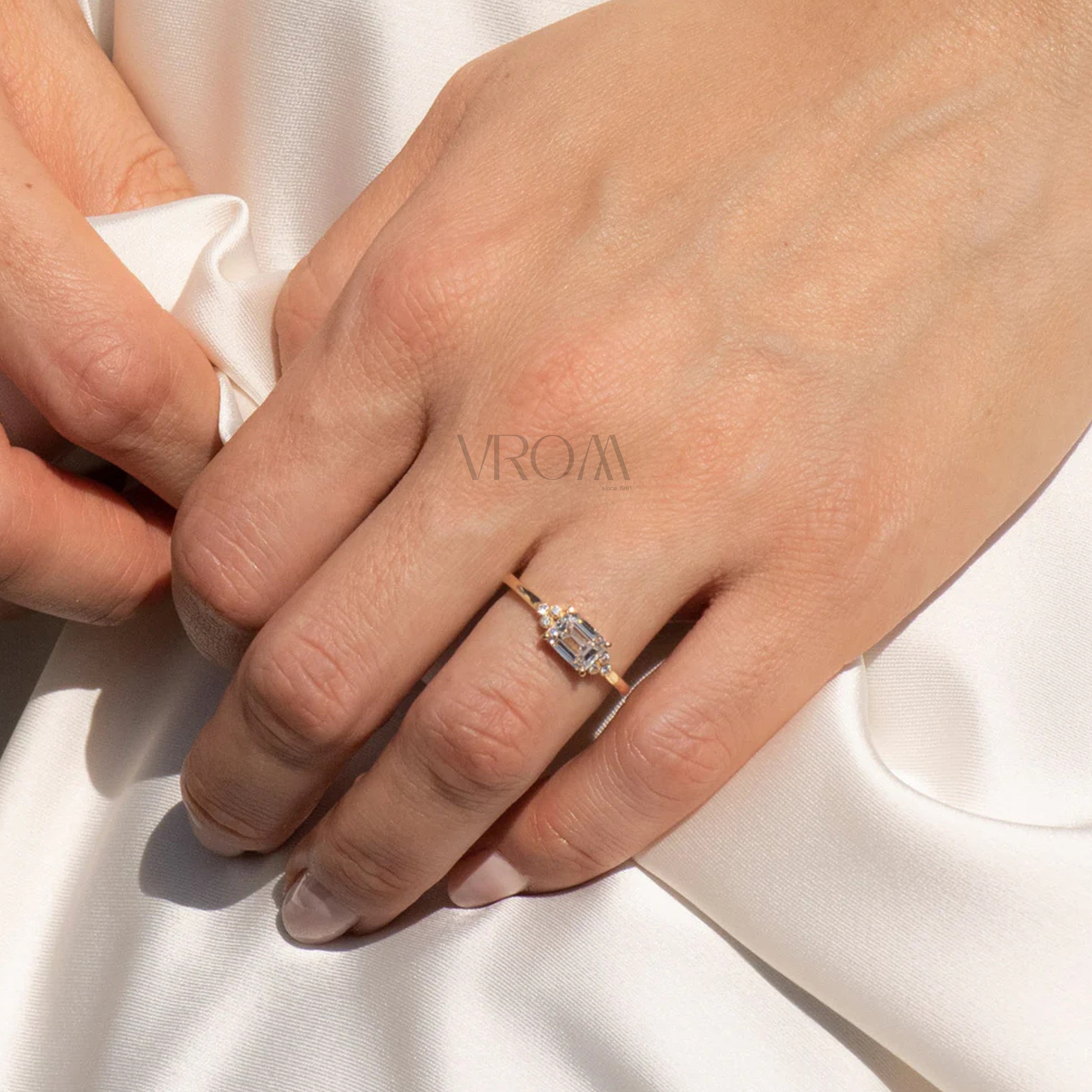 Minimalist Emerald Cut Ring with Side Stone Accents | Lab Grown Diamond | 14K Yellow Gold