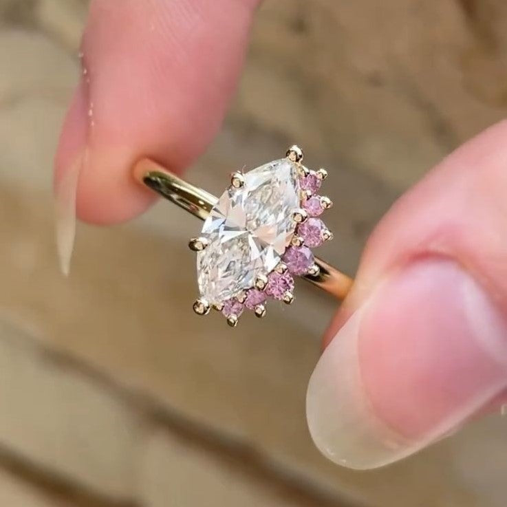 Marquise Lab Grown Diamond & Pink Sapphire Two Stone Ring in 14K or 18K Gold