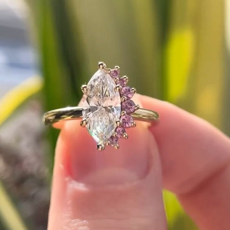 Marquise Lab Grown Diamond & Pink Sapphire Two Stone Ring in 14K or 18K Gold