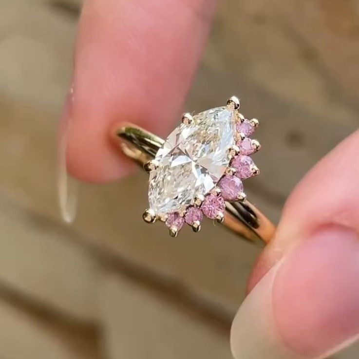 Marquise Lab Grown Diamond & Pink Sapphire Two Stone Ring in 14K or 18K Gold