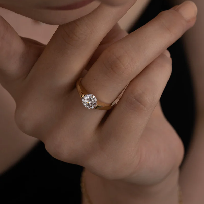 Modern Round Cut East West Ring | Lab Grown Diamond | 14K Yellow Gold Sleek Design