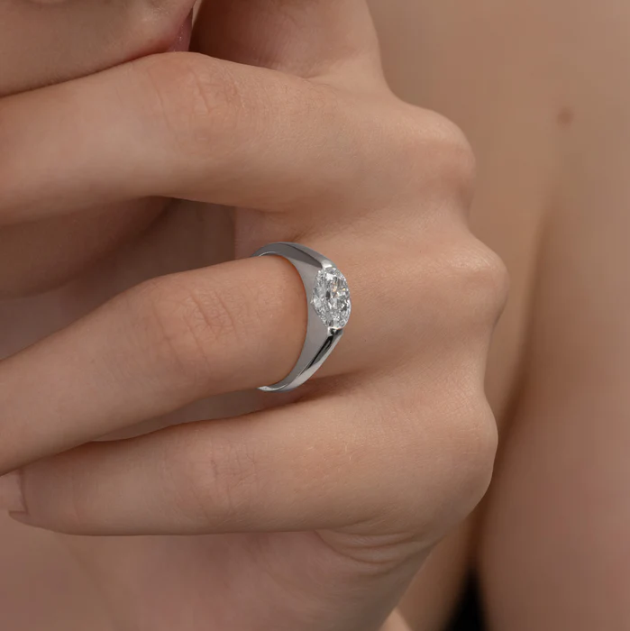 Modern Oval Cut East West Ring | Lab Grown Diamond | 14K Yellow Gold Sleek Style