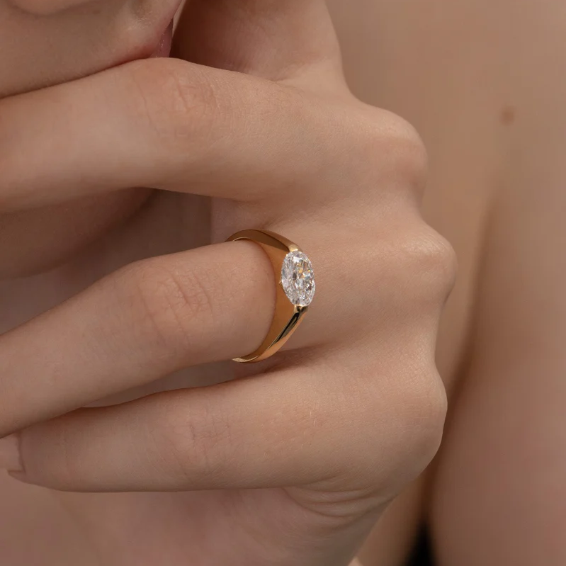 Modern Oval Cut East West Ring | Lab Grown Diamond | 14K Yellow Gold Sleek Style