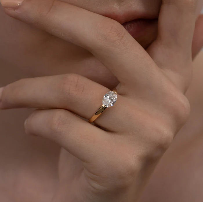 Modern Oval Cut East West Ring | Lab Grown Diamond | 14K Yellow Gold Sleek Style