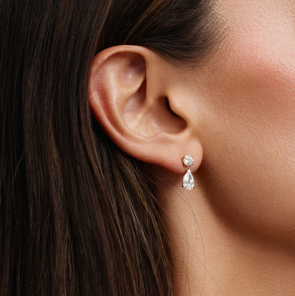 Round & Pear Cut Lab Grown Diamond Two Stone Earrings in Solid 14K Gold