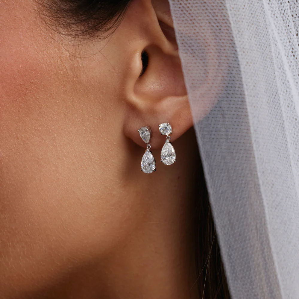 Round & Pear Cut Lab Grown Diamond Two Stone Earrings in Solid 14K Gold