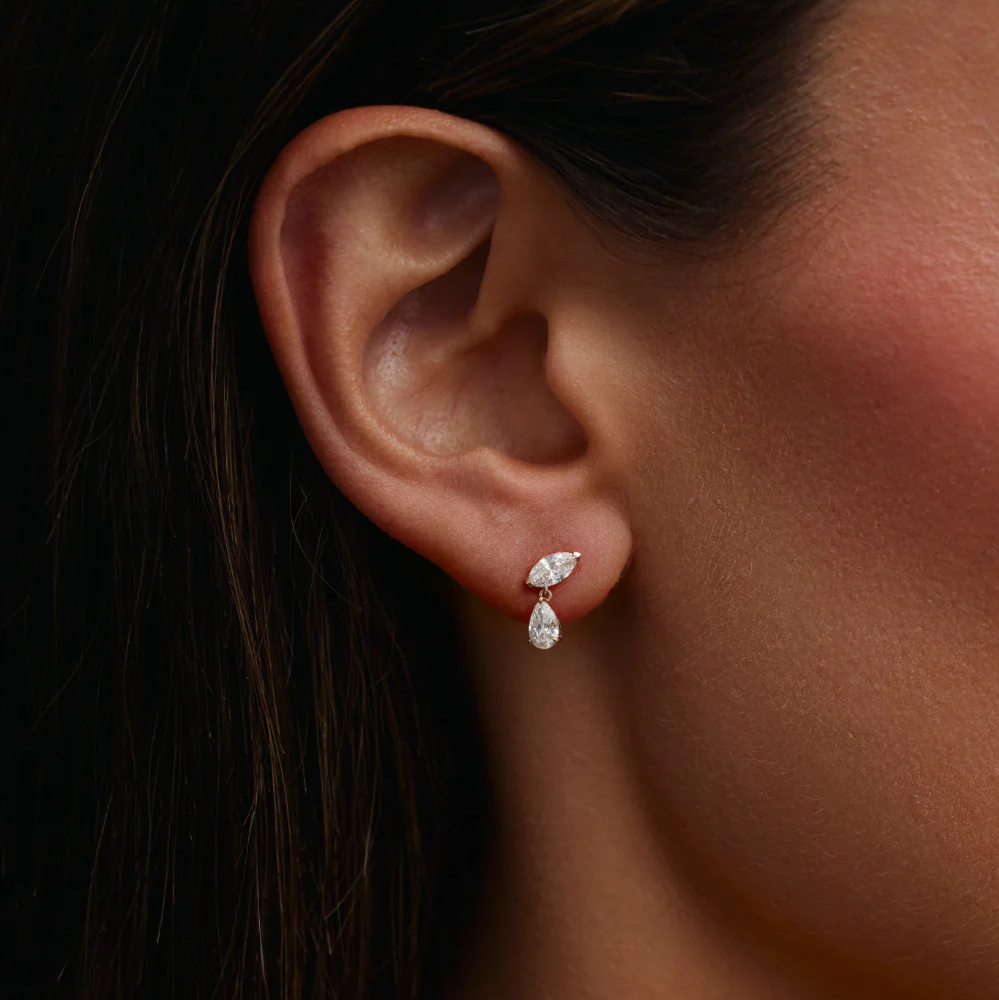 Marquise & Pear Cut Lab Grown Diamond Two Stone Earrings in Solid 14K Gold