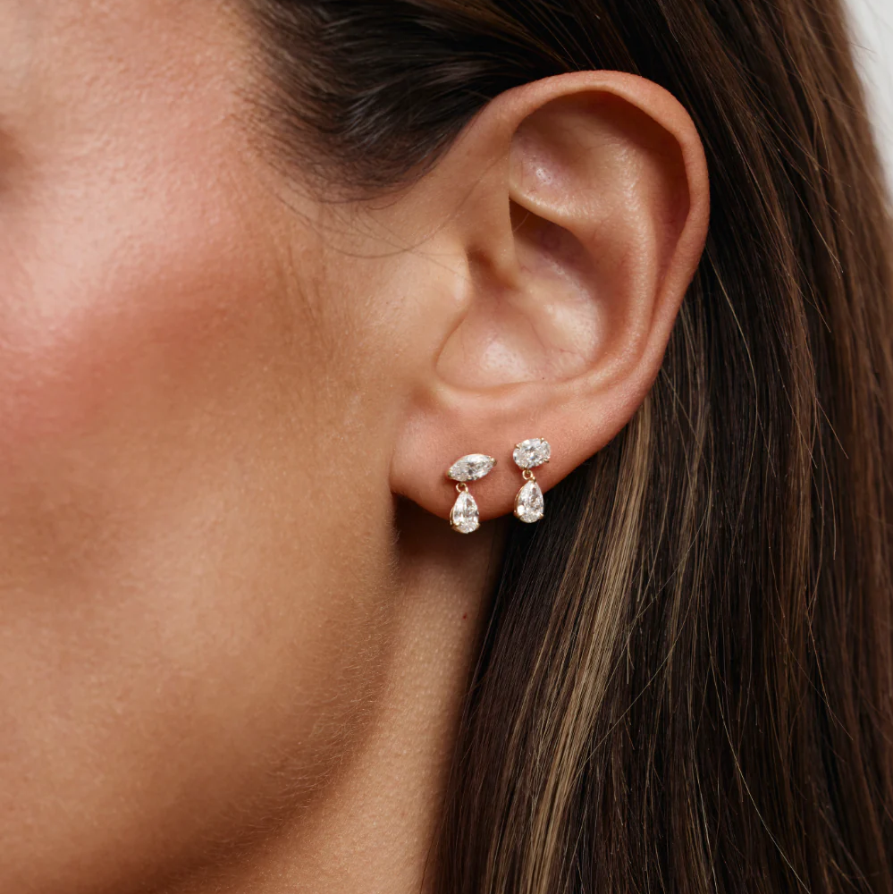 Marquise & Pear Cut Lab Grown Diamond Two Stone Earrings in Solid 14K Gold