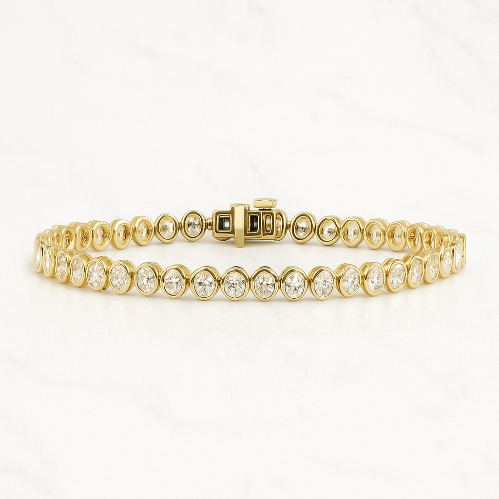 Oval Lab Grown Diamond Tennis Bracelet in Bezel-Set Solid 14K Gold