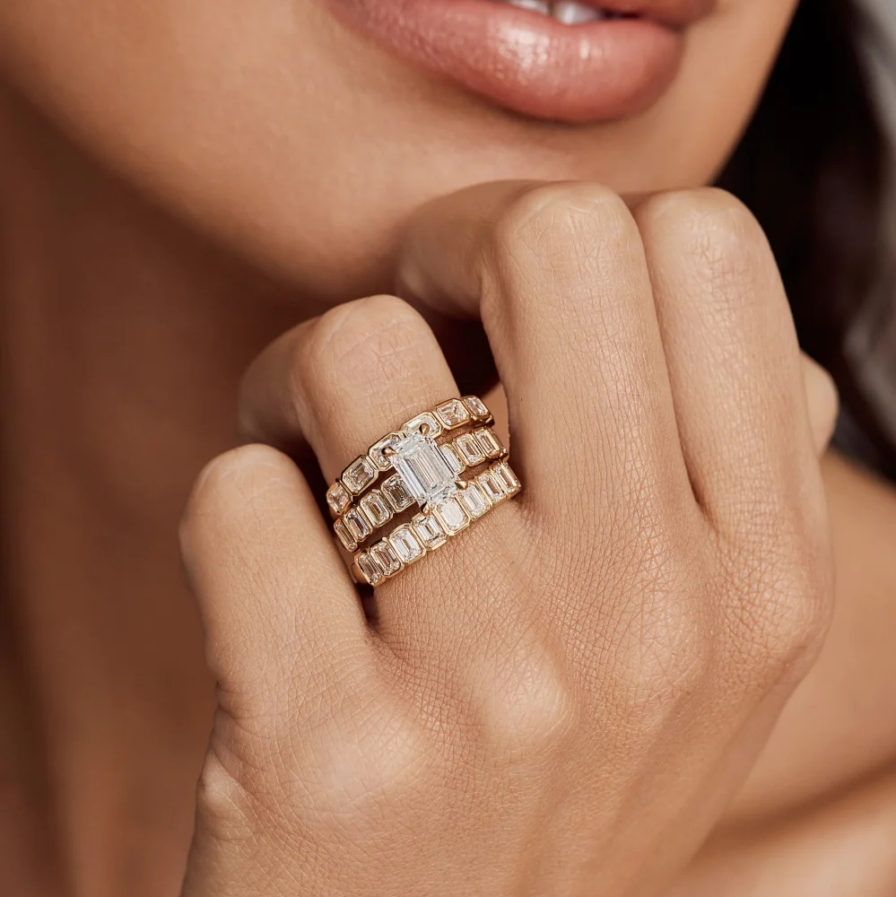 Emerald Cut Lab Grown Diamond Bezel Set Bridal Ring in Solid 14K Gold