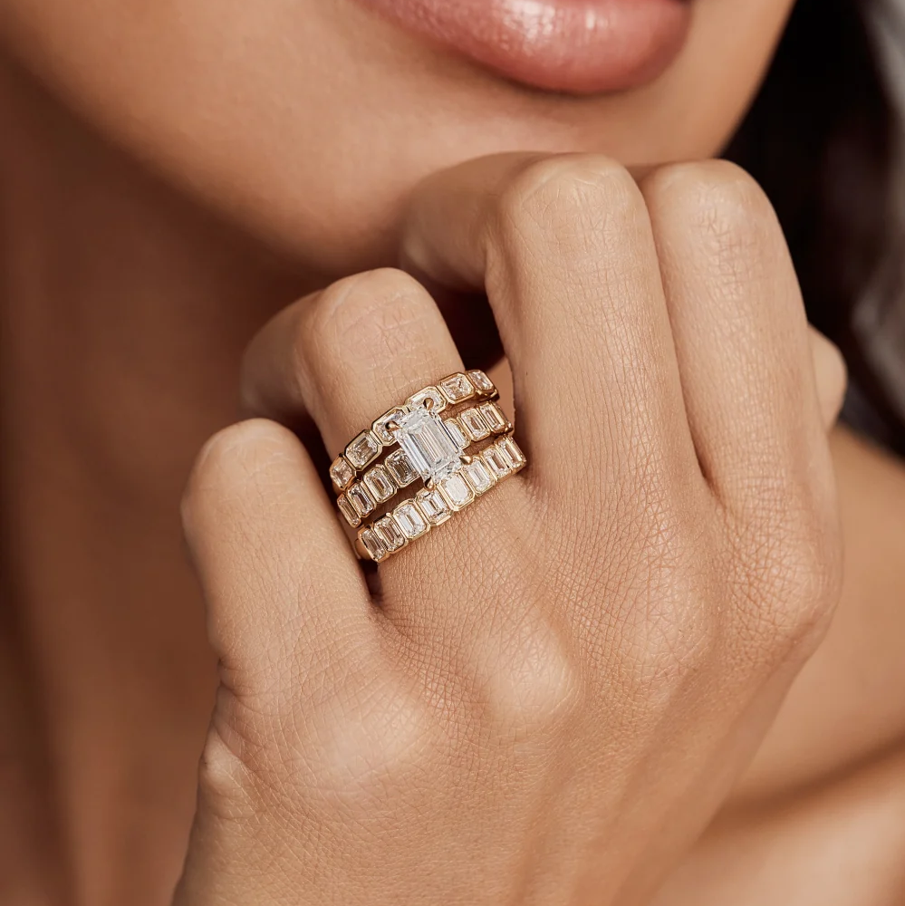 Emerald Cut Lab Grown Diamond East West Bezel Set Wedding Band in Solid 14K Gold