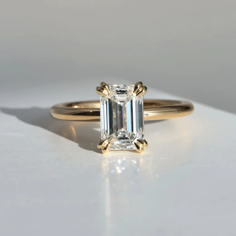 Emerald Cut Lab Grown Diamond Multi Prong Solitaire Ring in Solid 14K Gold