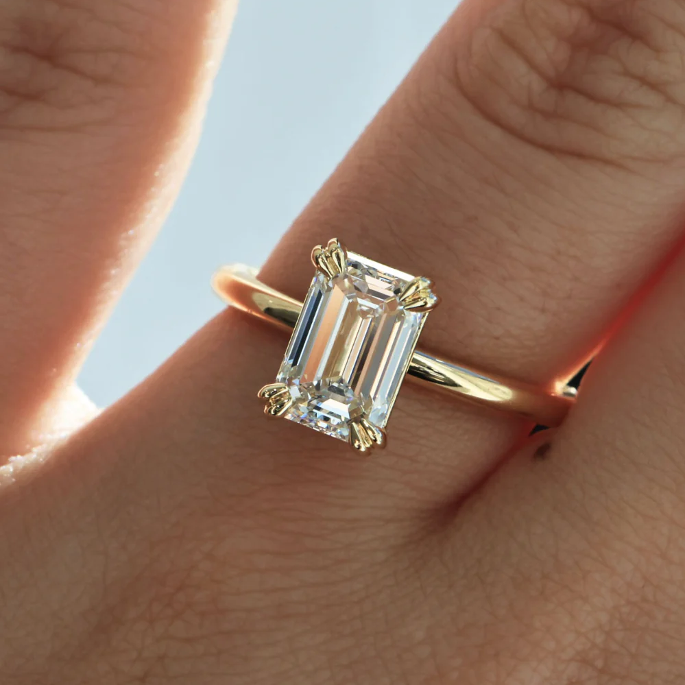Emerald Cut Lab Grown Diamond Multi Prong Solitaire Ring in Solid 14K Gold