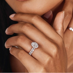 Oval Shape Lab Grown Diamond Halo Engagement Ring with Side Stones in Solid 14K Gold