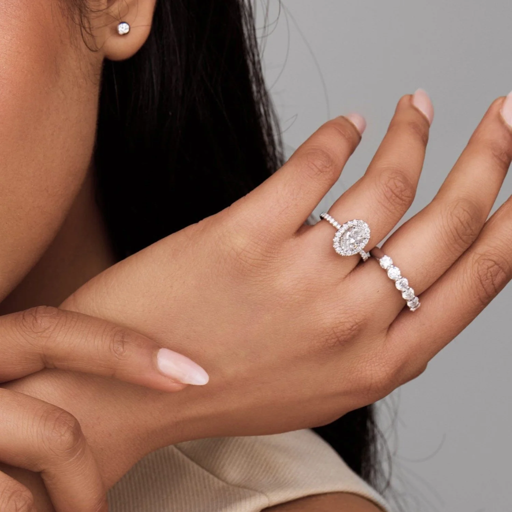 Oval Shape Lab Grown Diamond Halo Engagement Ring with Side Stones in Solid 14K Gold