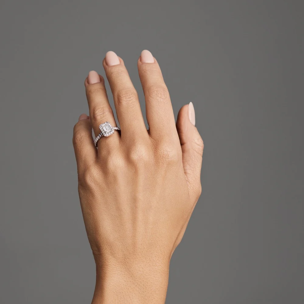 Emerald Cut Lab Grown Diamond Halo Bridal Engagement Ring in 14K/18K Gold