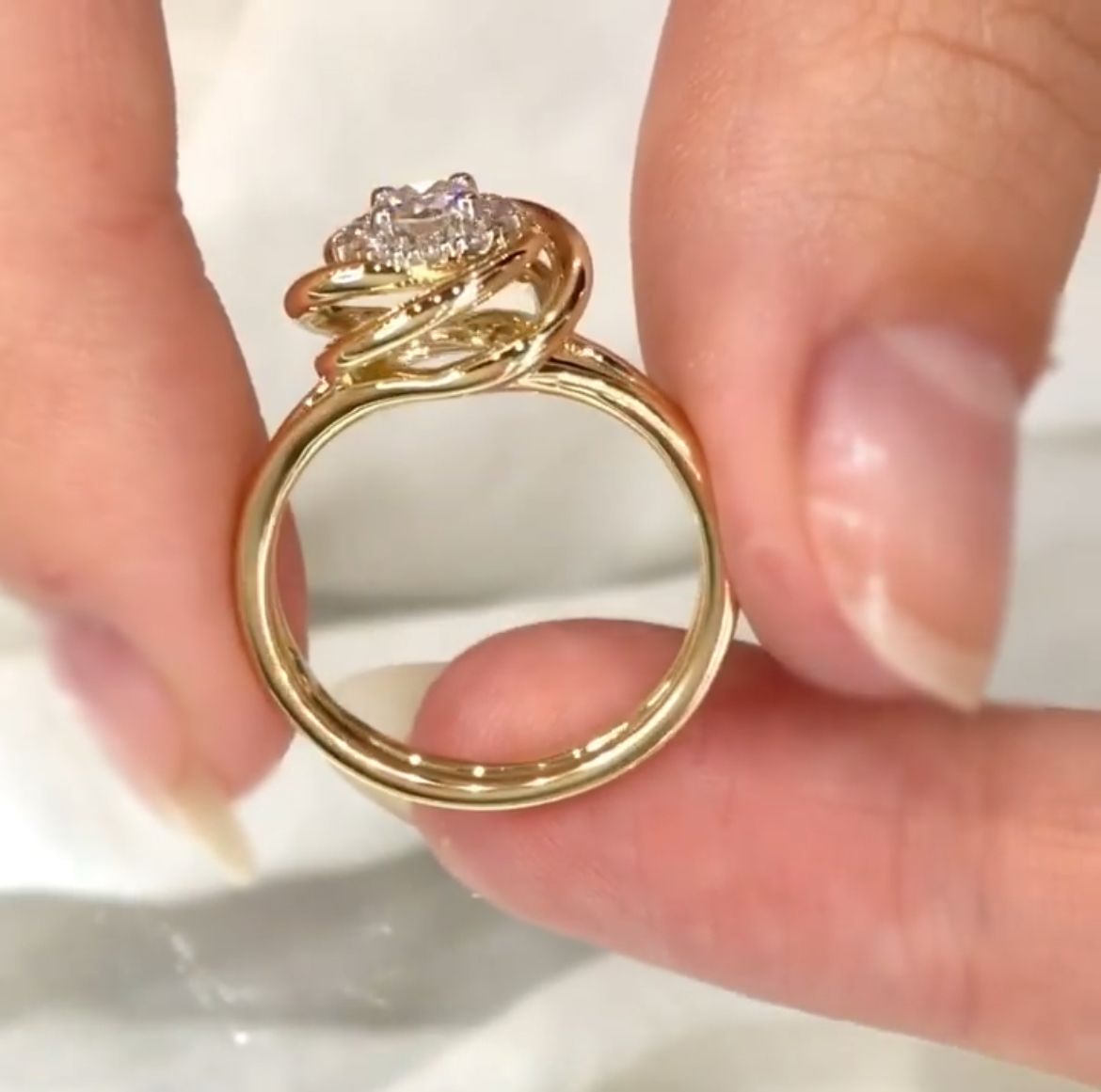 Dainty Round Shape Lab Grown Diamond Halo Ring in Solid 14K Gold Wire Band