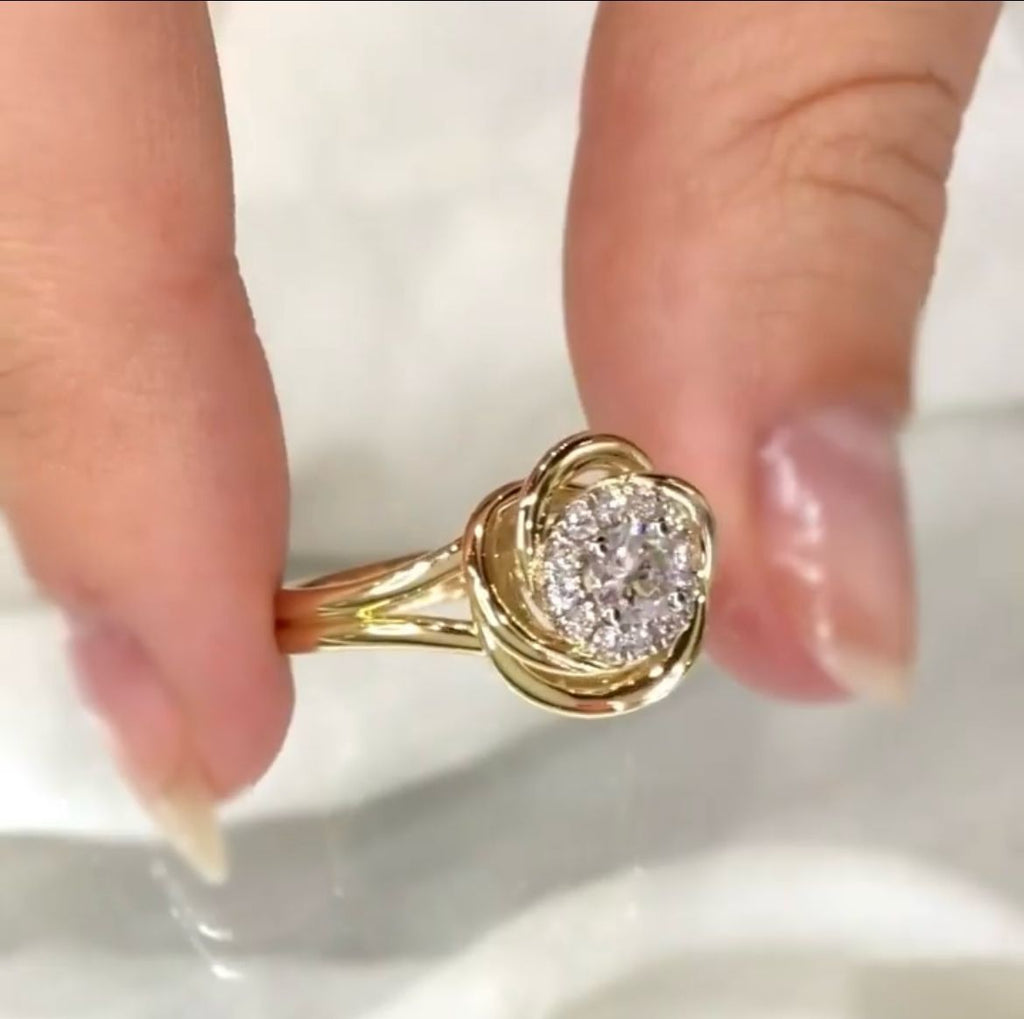 Dainty Round Shape Lab Grown Diamond Halo Ring in Solid 14K Gold Wire Band