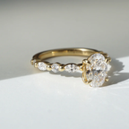 Oval Lab Grown Diamond Engagement Ring with Marquise & Round Halo in Solid 14K Gold