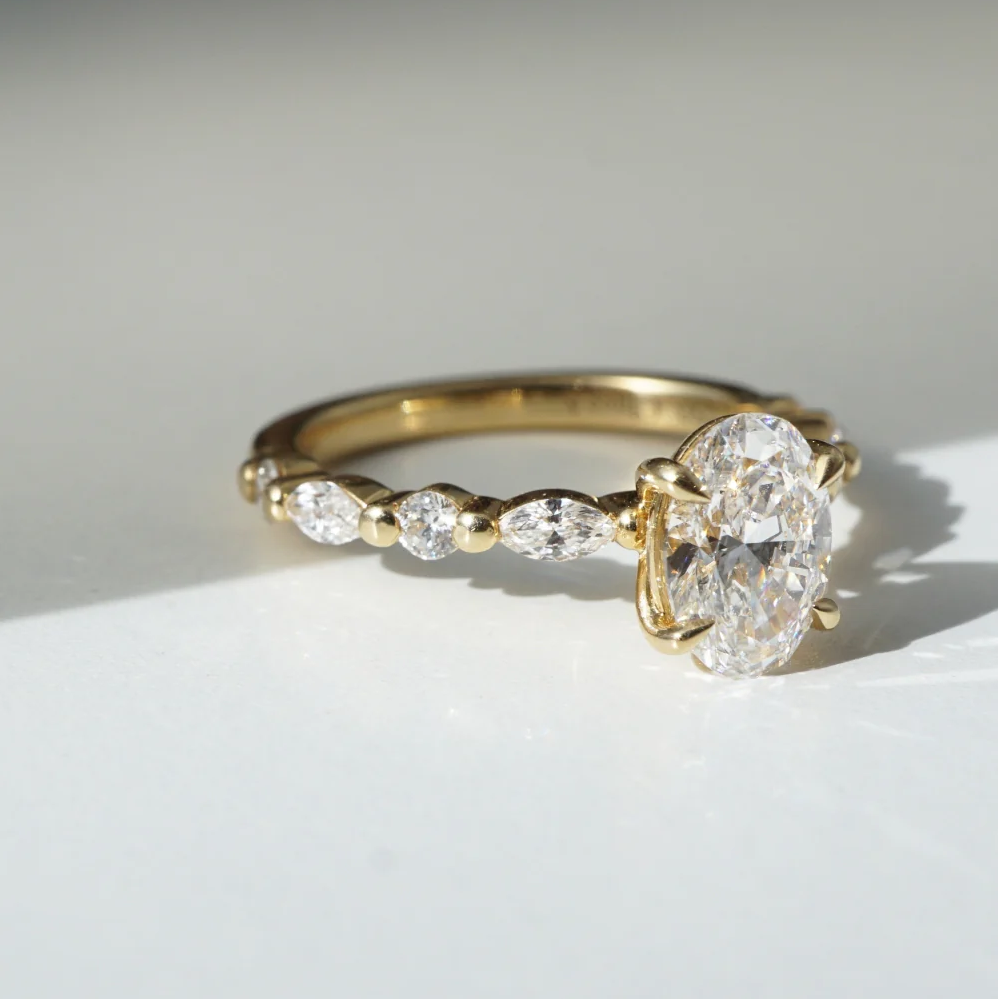 Oval Lab Grown Diamond Engagement Ring with Marquise & Round Halo in Solid 14K Gold