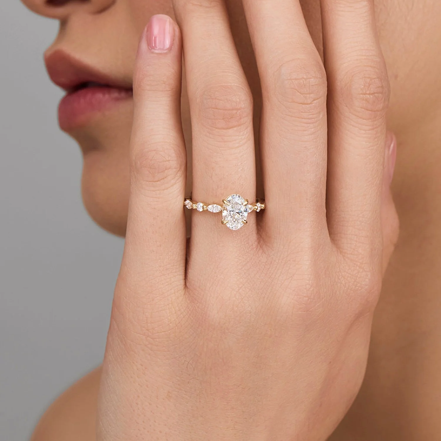 Oval Lab Grown Diamond Engagement Ring with Marquise & Round Halo in Solid 14K Gold