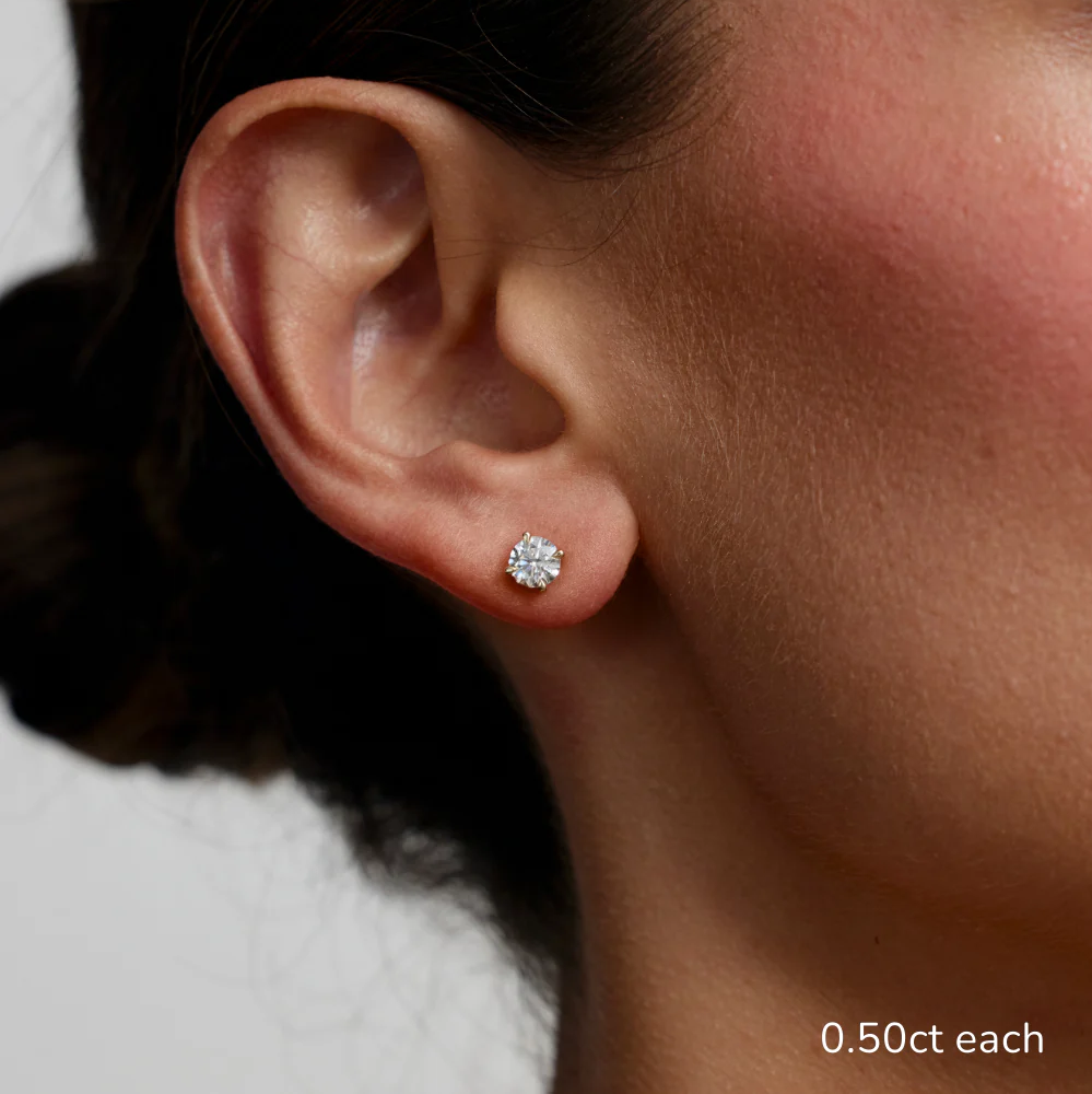 Round Lab Grown Diamond Solitaire Stud Earrings in Solid 14K Gold