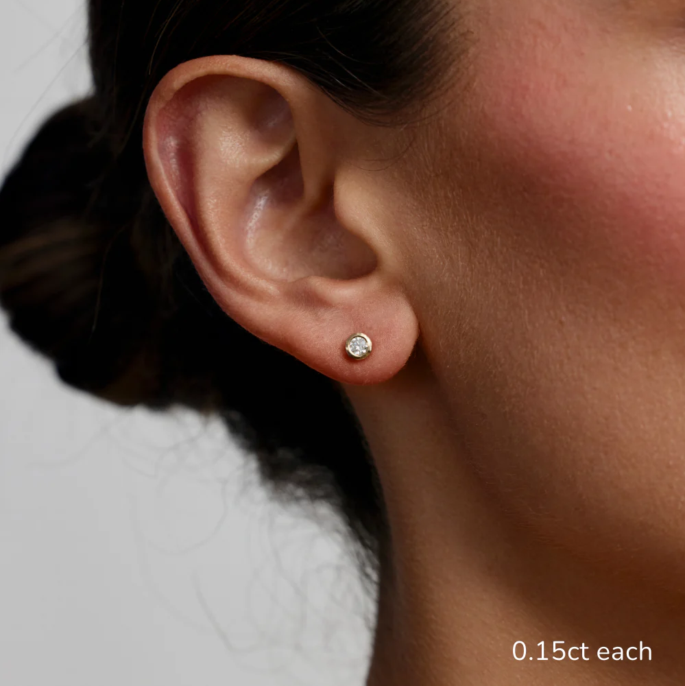 Round Lab Grown Diamond Bezel Set Solitaire Stud Earrings in Solid 14K Gold