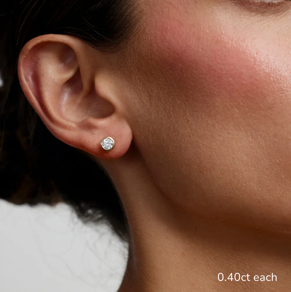 Round Lab Grown Diamond Bezel Set Solitaire Stud Earrings in Solid 14K Gold