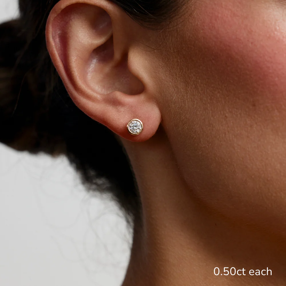 Round Lab Grown Diamond Bezel Set Solitaire Stud Earrings in Solid 14K Gold