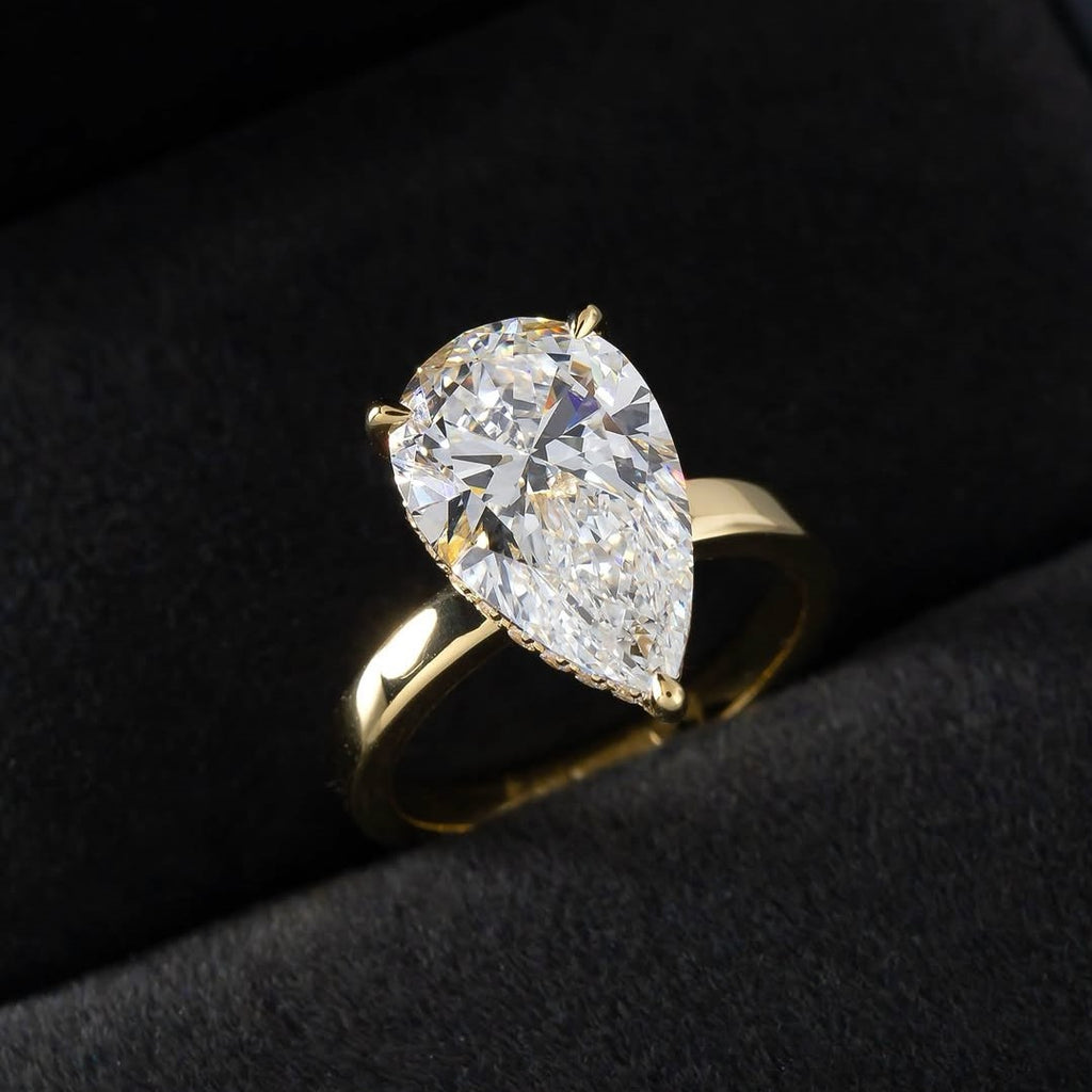 Pear Engagement Ring | Lab Grown Diamond | Hidden Halo | 14K Yellow Gold