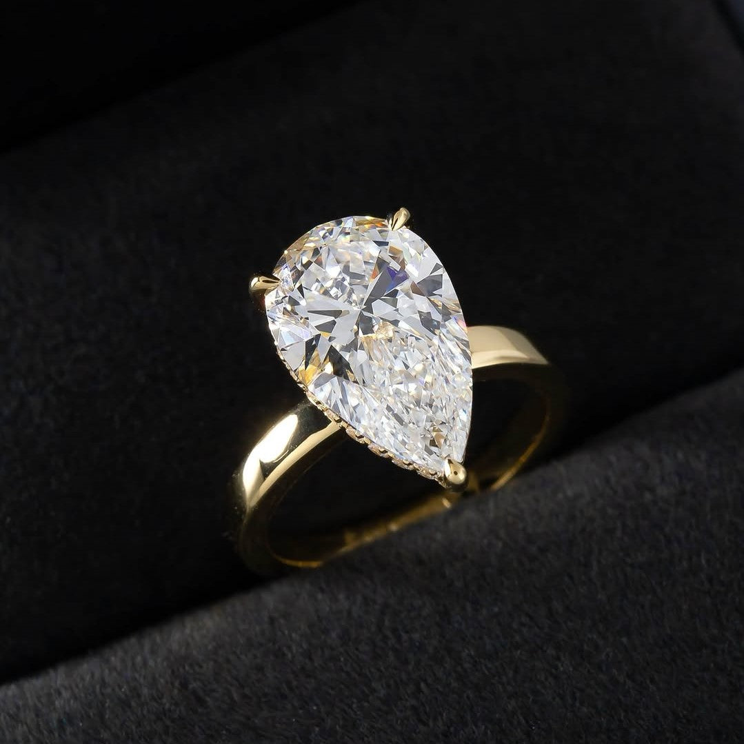 Pear Engagement Ring | Lab Grown Diamond | Hidden Halo | 14K Yellow Gold