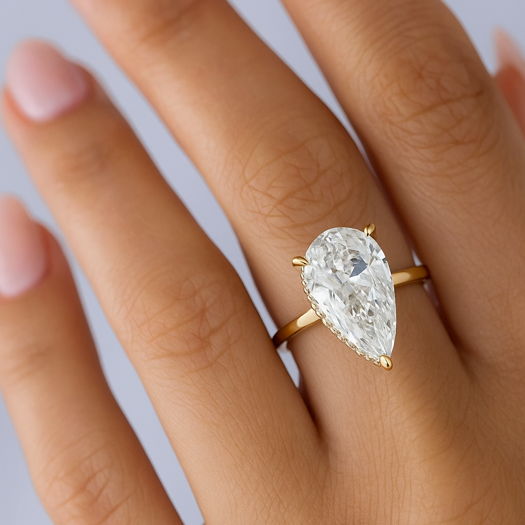 Pear Engagement Ring | Lab Grown Diamond | Hidden Halo | 14K Yellow Gold