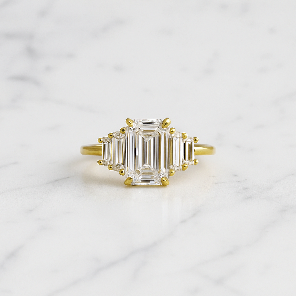 Emerald Cut Lab Grown Diamond Bar Engagement Ring | East-West Baguette Style | 14K Solid Gold Modern Minimal Bridal Ring