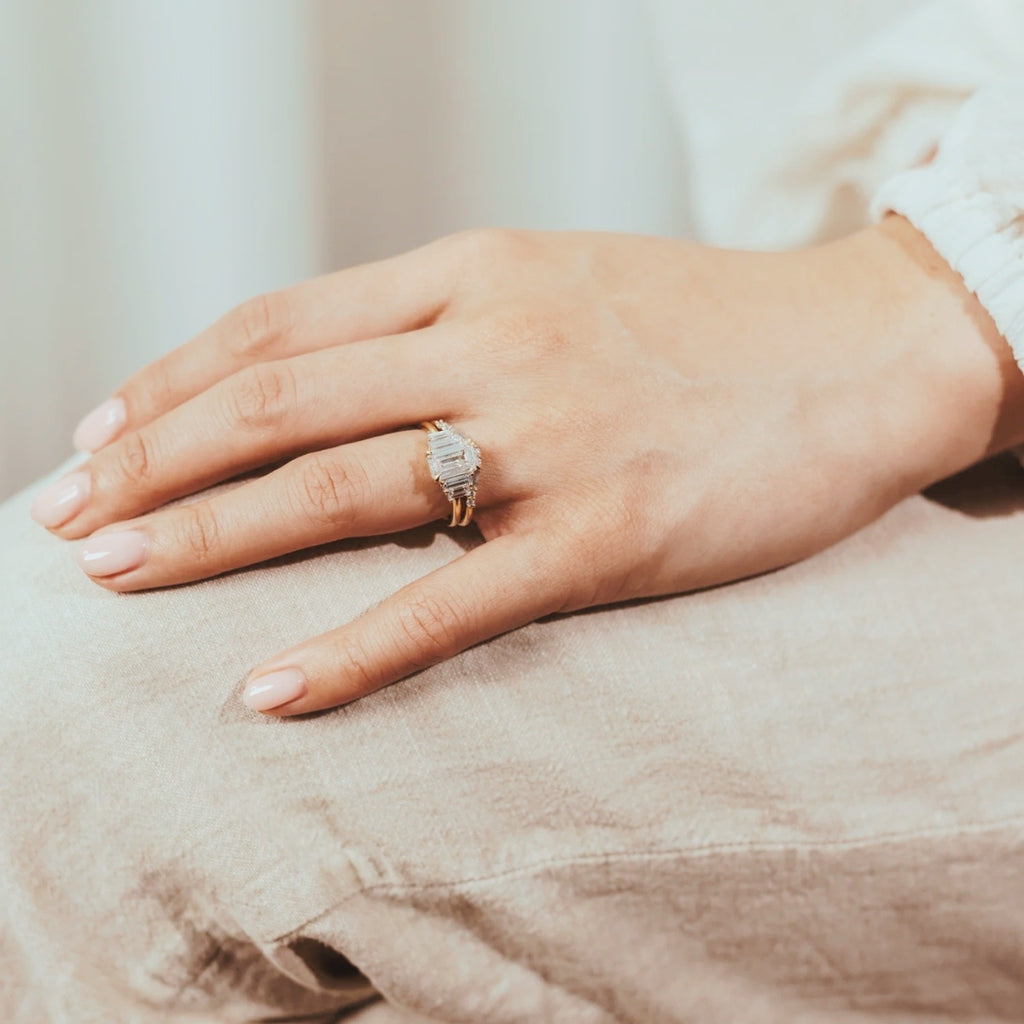 Emerald Cut Lab Grown Diamond Bar Engagement Ring | East-West Baguette Style | 14K Solid Gold Modern Minimal Bridal Ring